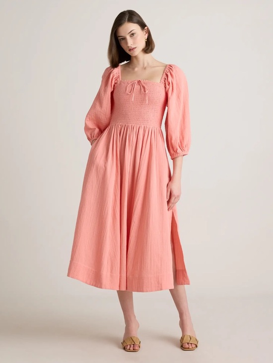 Quince Dresses & Skirts - Quince Pink Organic Cotton Gauze Smocked Square Neck MIDI Dress Size S NWT Beach